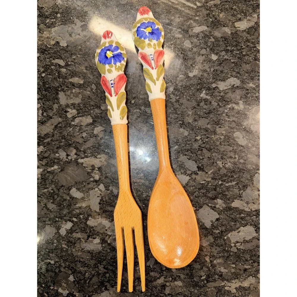 Hand Painted Ceramic Handle Salad Servers Floral Wood Spoon Fork Set